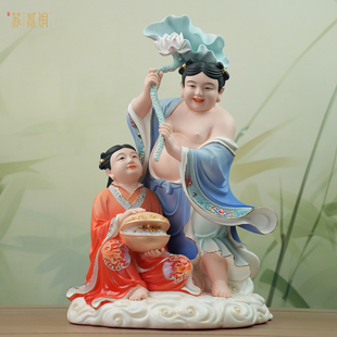 德化陶瓷和合二圣神像家用卧室新婚祝福装饰客厅商务礼物工艺摆件