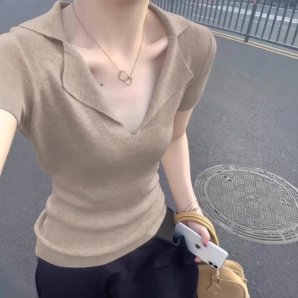 2026新款法式v领老钱风短袖女正肩t恤夏季翻领修身针织polo衫上衣