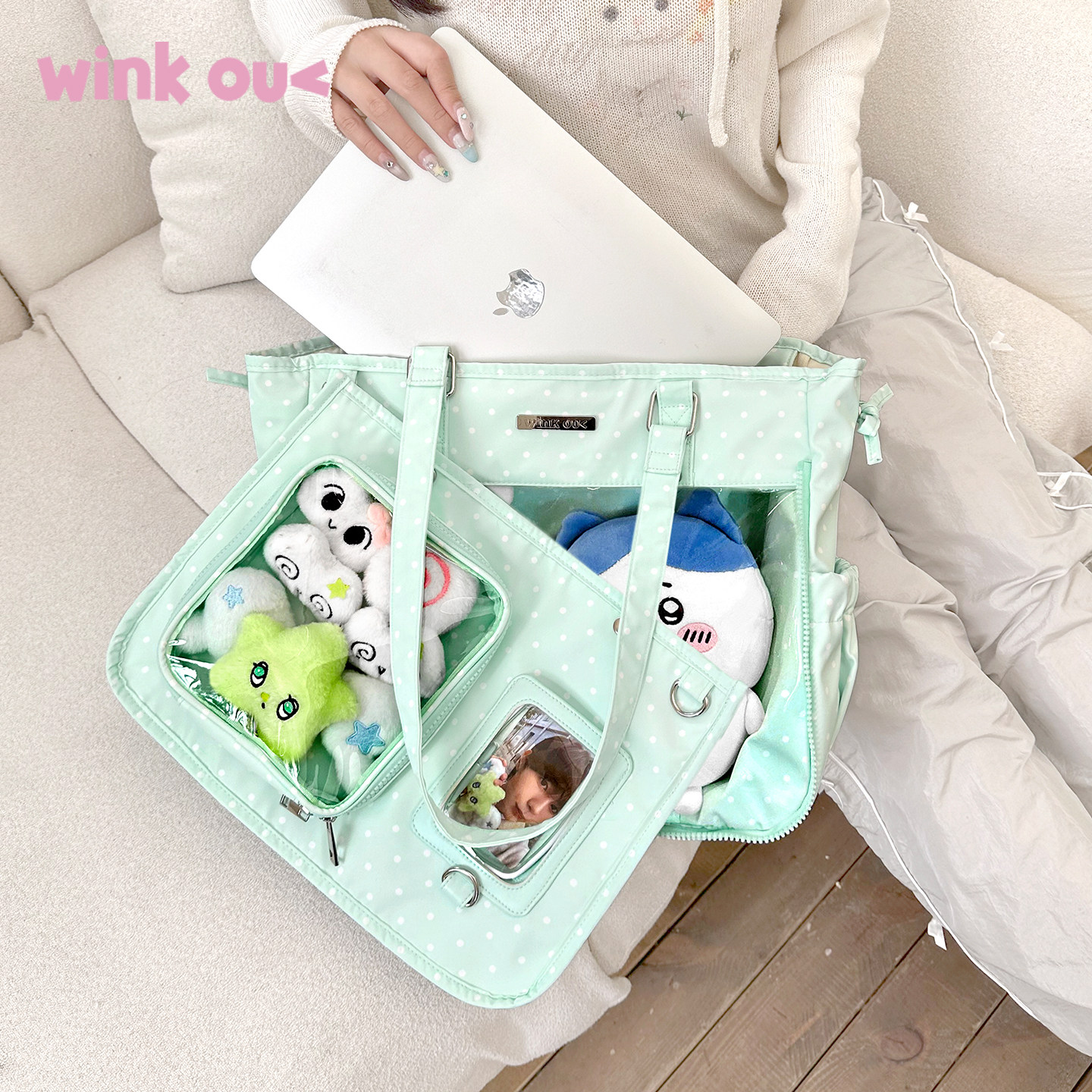 日常款大容量绿色波点痛包