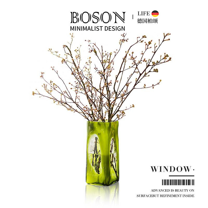 BOSON·Window·花瓶中古风橄榄绿色玻璃插花器复古风客厅 | 窗口