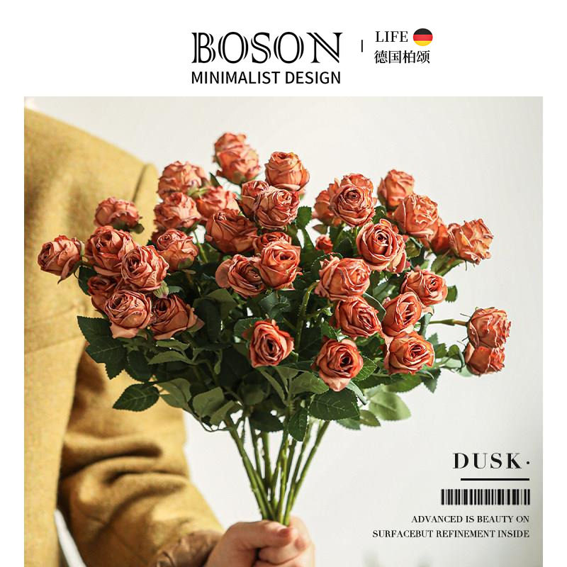 BOSON·Dusk·彷真花油画5头焦边玫瑰高级感逼真假花摆件 | 暮玫
