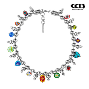CHICHABOOM重工大号彩绘花色琉璃挂坠钛钢珠项链男女同款