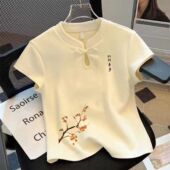 t恤女2025新款 爆款 夏季 印花短袖 甜美独特别致新中式 国风盘扣上衣