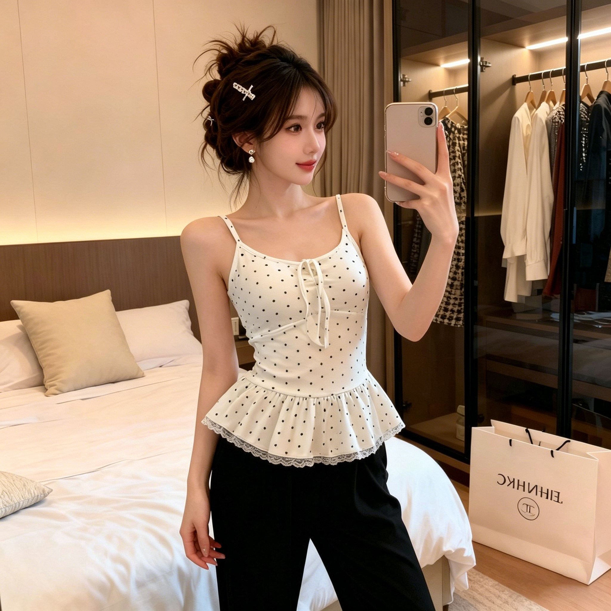 美式复古波点系带蝴蝶结吊带背心女带胸垫法式甜美显瘦无袖上衣女