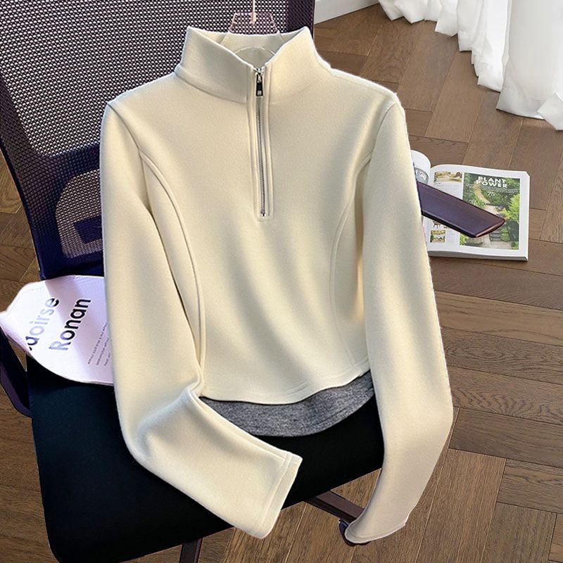 2025秋冬时尚女士卫衣撞色设计半拉链个性内搭加绒外穿长袖打底衫