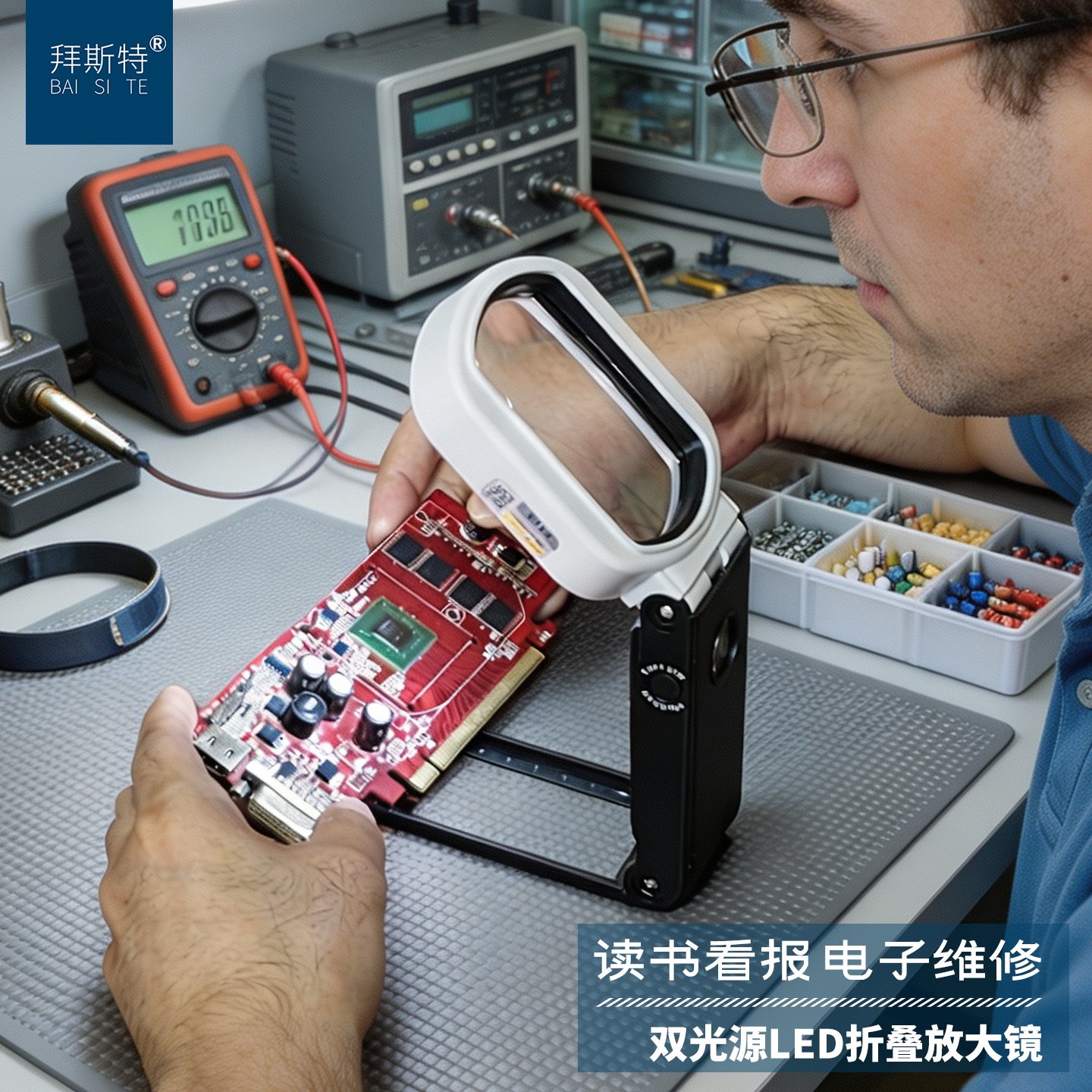 拜斯特台式放大镜老人阅读维修用高清修电子电路板手持折叠带灯