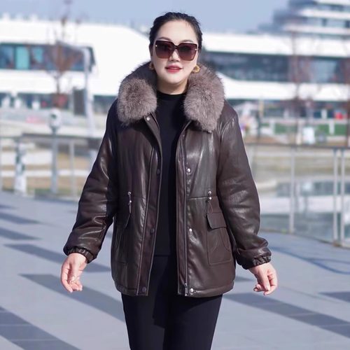 大码加绒可脱卸毛领女PU皮外套