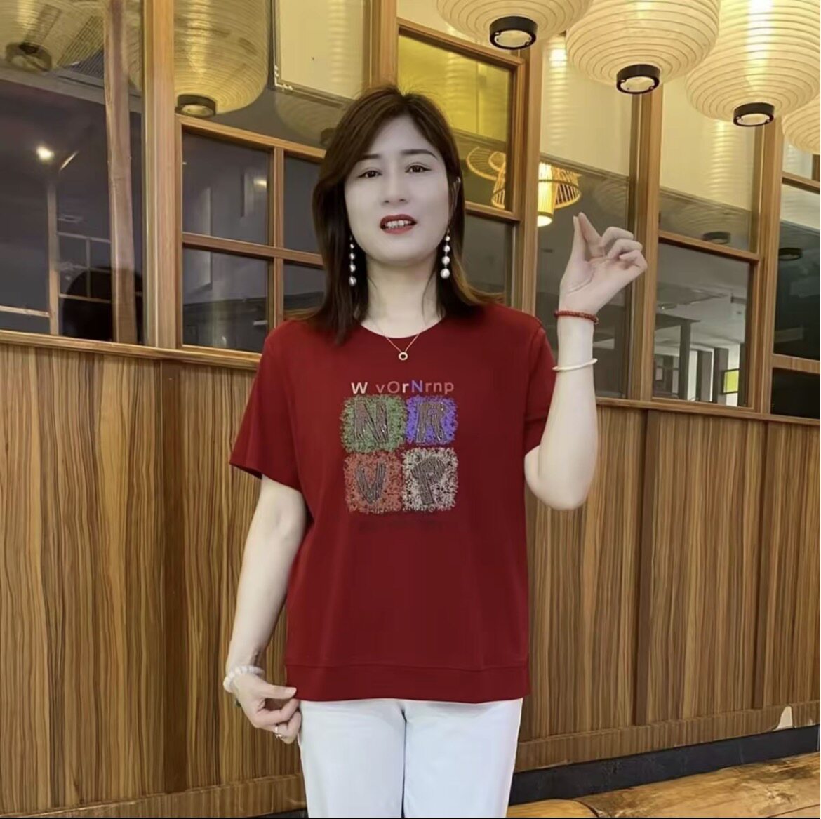 时尚妈妈装印花字母圆领短袖T恤夏装新款半袖小衫洋气中老年上衣