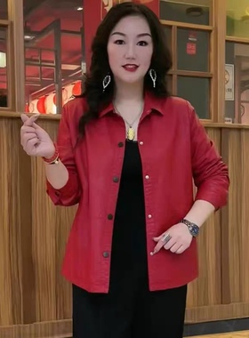 2022秋季款时尚大码PU皮皮衣可穿220斤中年妈妈宽松遮肉夹克外套