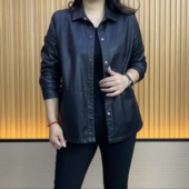 时尚 新款 休闲翻领皮夹克水洗pu皮遮肉显瘦外套 皮衣女2023春季 大码