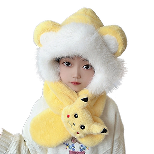 儿童帽子围巾一体毛绒帽冬季加绒加厚保暖男童护耳帽女童套头帽