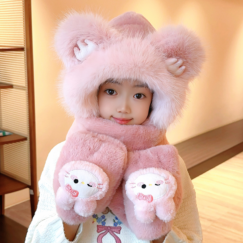 儿童帽子围巾一体手套三件套毛绒