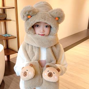 儿童帽子围巾手套三件套冬季男女童加厚保暖毛绒帽宝宝防风一体帽