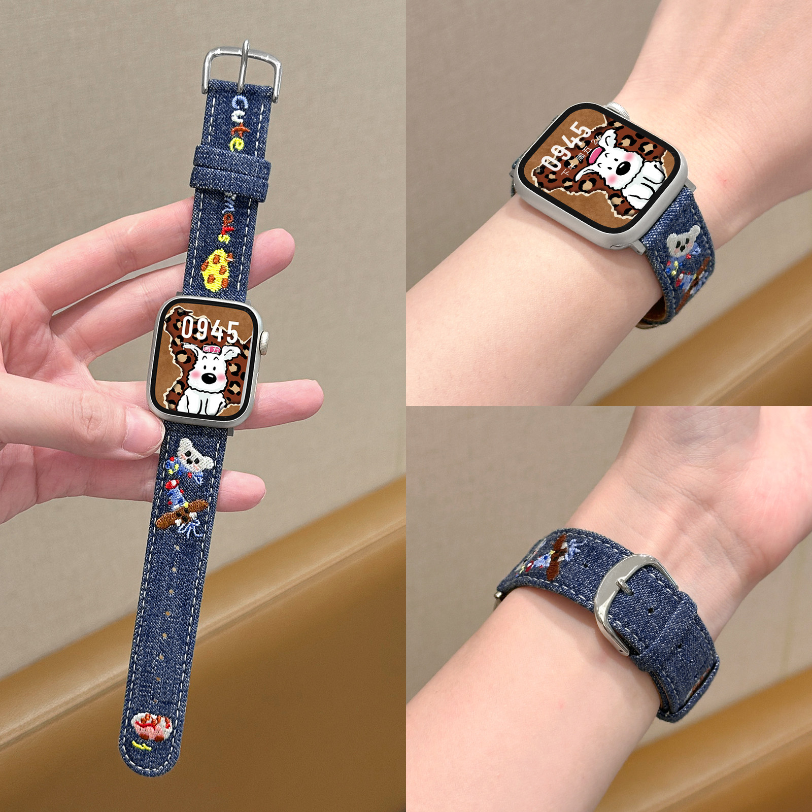 【曲奇小熊】适用苹果手表S11刺绣牛仔拼皮表带iwatchSE秋冬美式复古帆布applewatch10/9/87可爱卡通皮腕带女