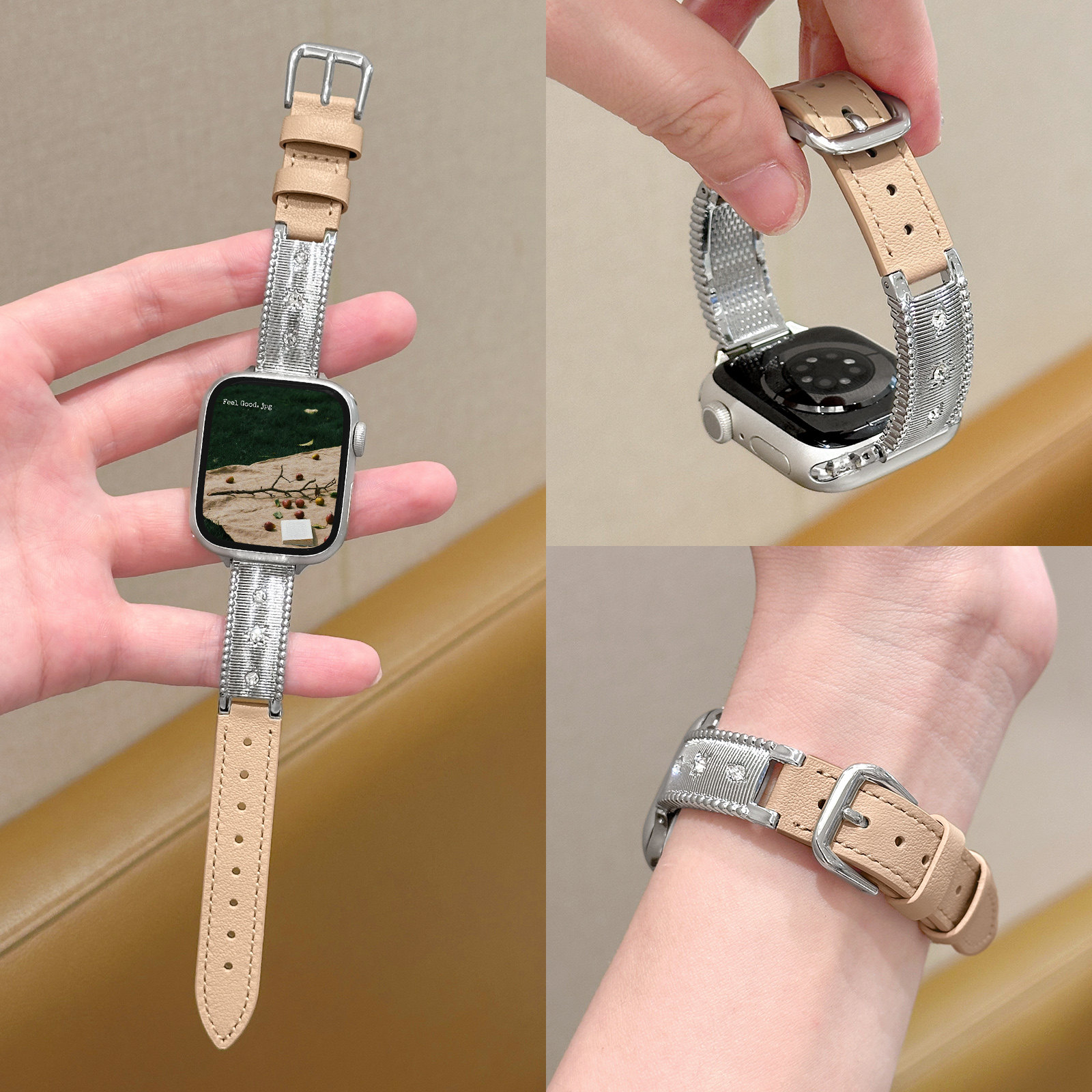 适用iwatch星芒手镯镶钻拼皮表带