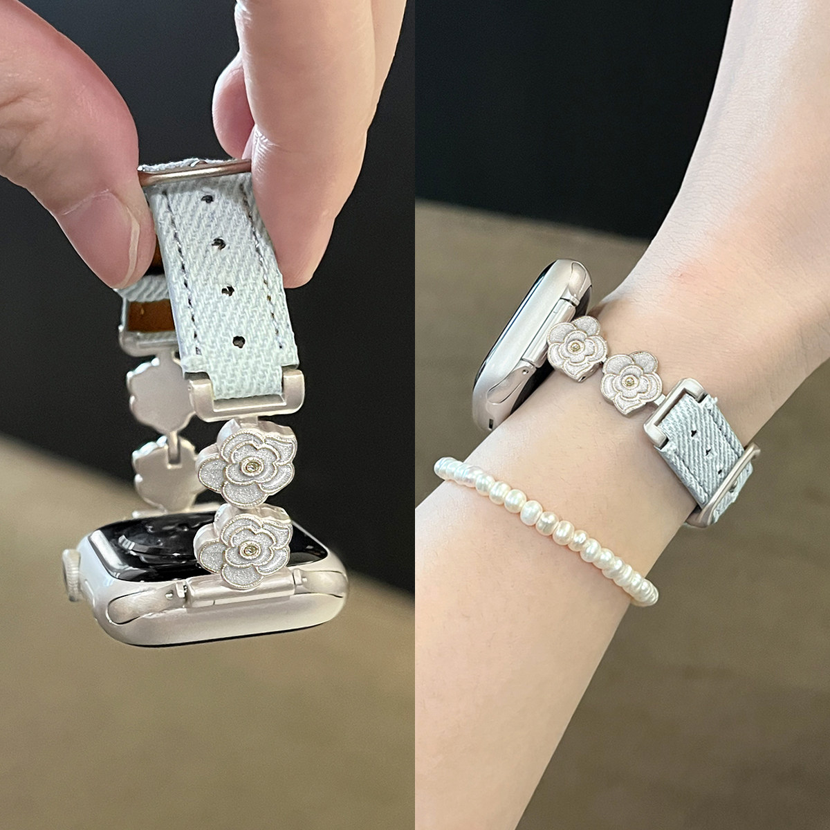 适用iWatch山茶花金属拼牛仔表带