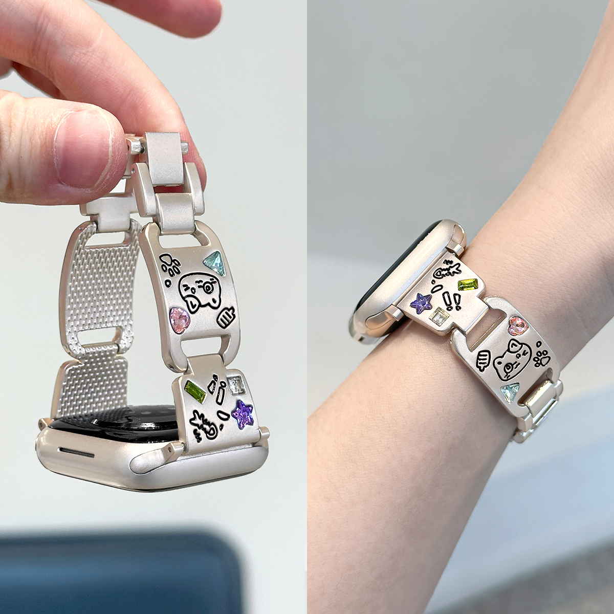 适用iwatch皓石小猫彩钻金属表带