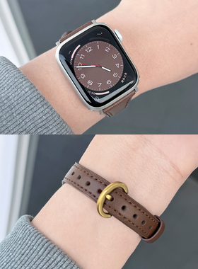 适用applewatchS10细马蹄扣S9皮表带小蛮腰羊皮秋冬高级柔软真皮表带苹果手表S11表带iwatch8/7/6/SE女美拉德