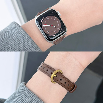 适用applewatchS10细马蹄扣S9皮表带小蛮腰羊皮秋冬高级柔软真皮表带苹果手表表带iwatch8/7/6/SE代女美拉德