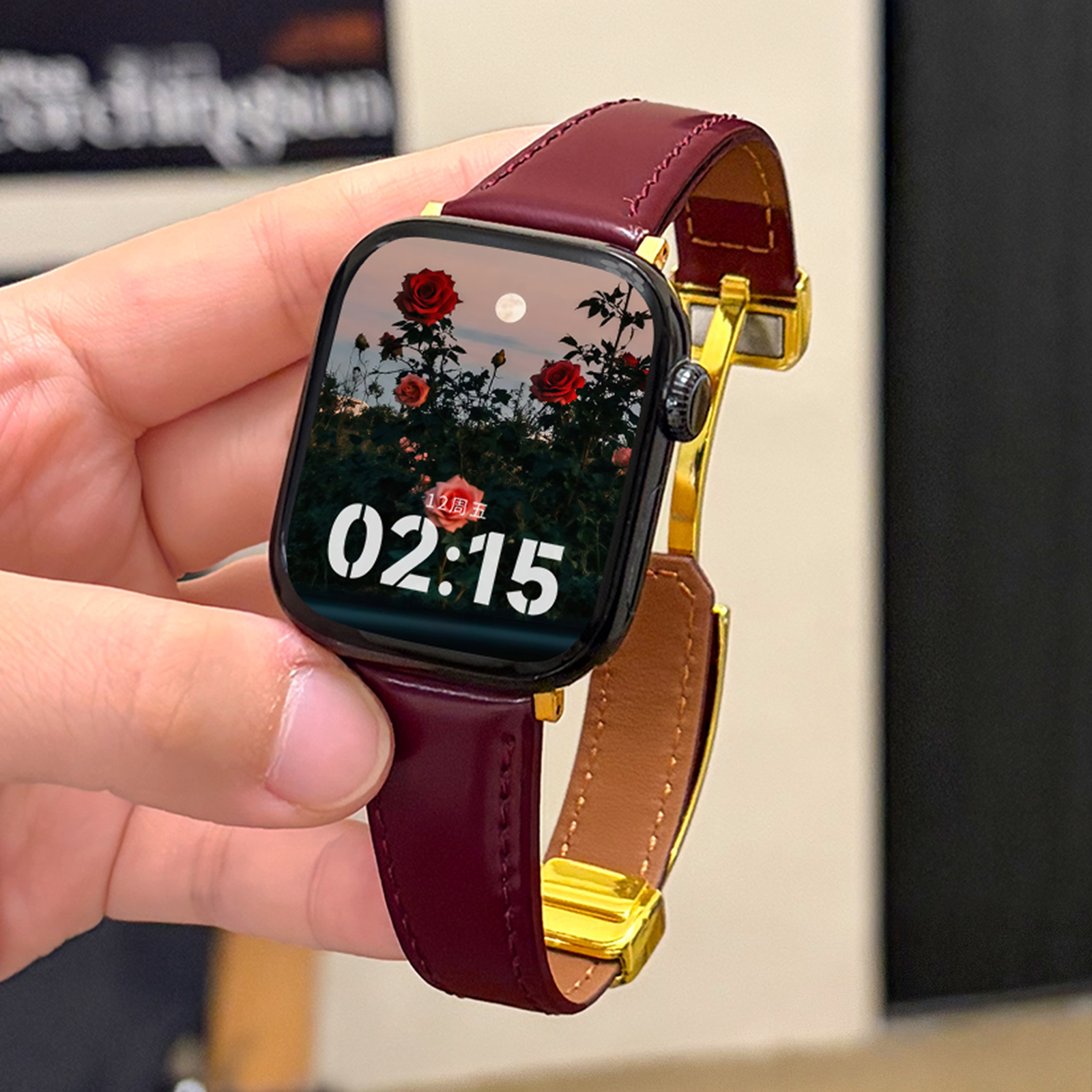 适用iwatch亮面磁吸扣真皮细表带