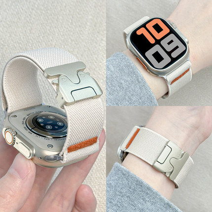 适用applewatch新款降落伞扣尼龙表带iWatchS10针织弹力回环苹果手表S9/8/7/6/se/Ultra布纹透气运动腕带男女