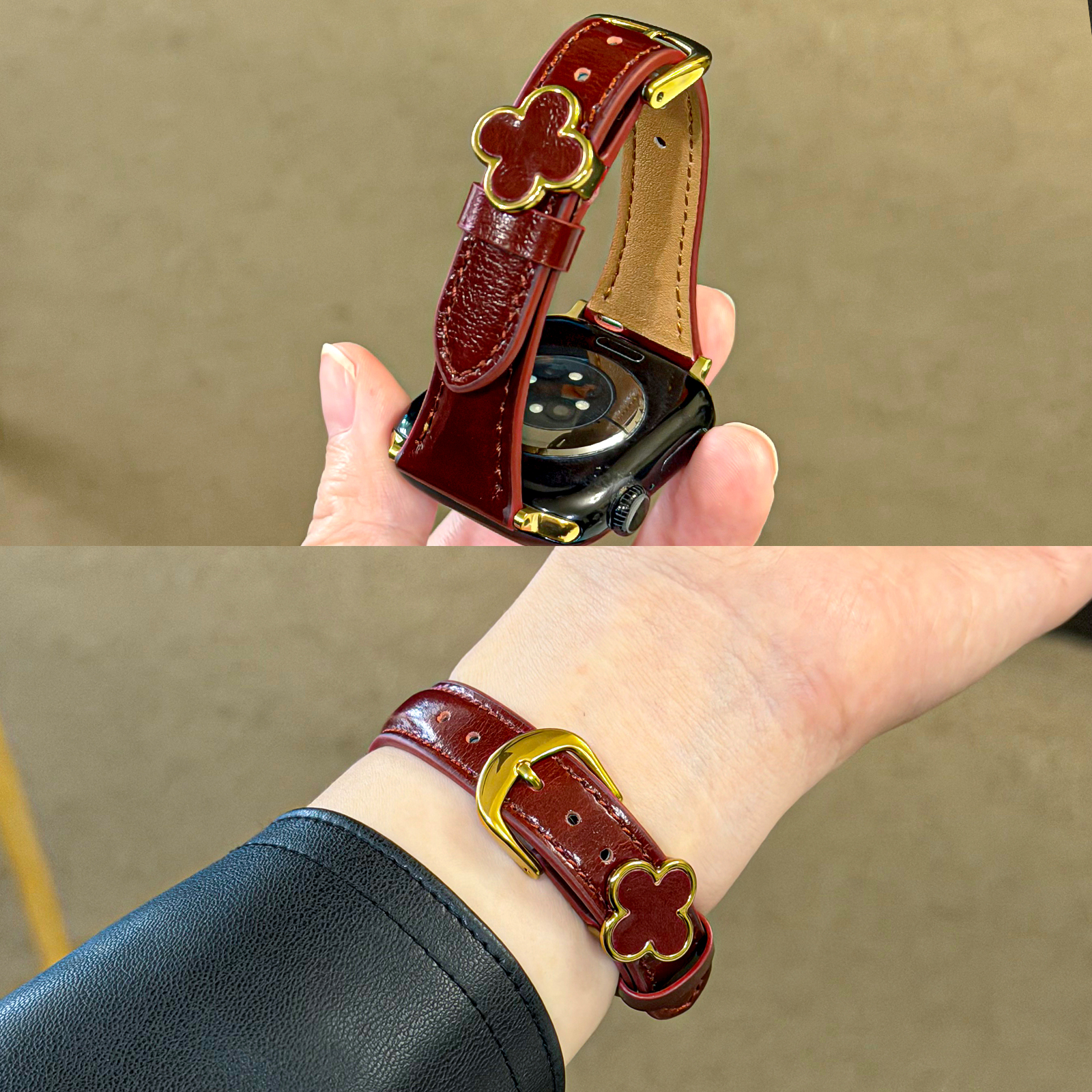适用iwatch细小牛皮四叶草扣表带
