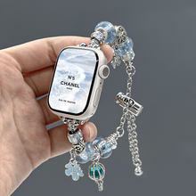 适用applewatchS10表带人造水晶串珠款iwatch9/8吊坠金属表带苹果手表S11/7/6/SE潘多拉小众高级调节手链女夏