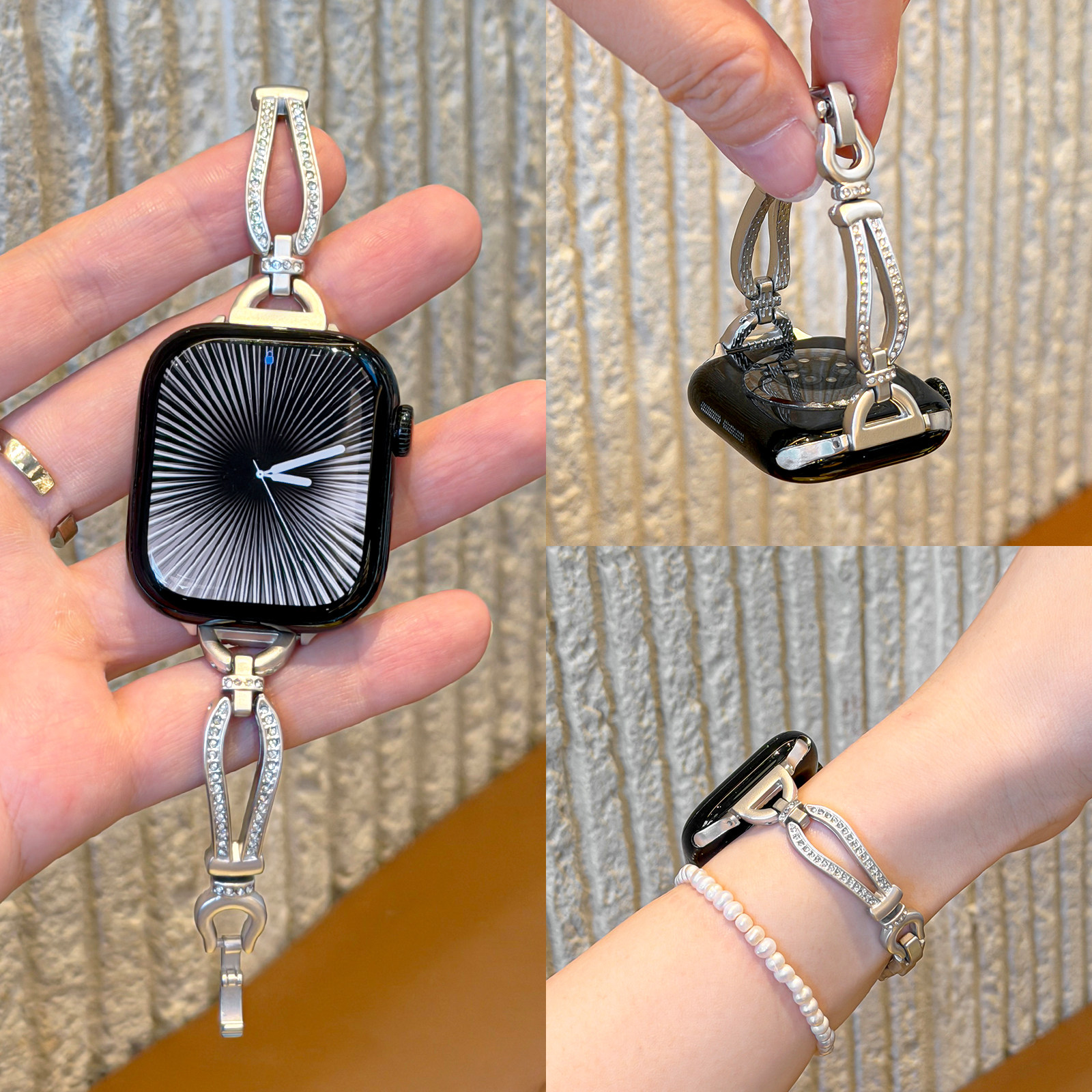 适用iWatch马蹄扣镶钻金属细表带