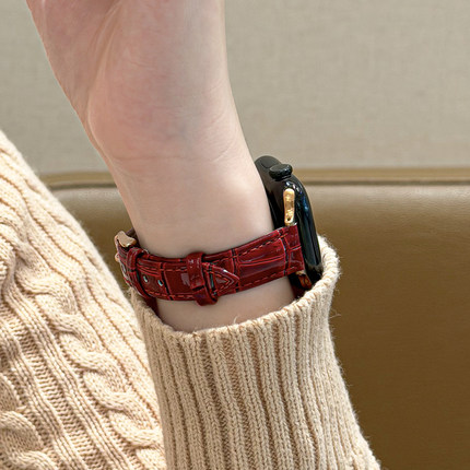 【亮面竹节纹】适用applewatchS11纤细皮表带iwatch10/9/8/7秋冬复古苹果手表ultra创意舒适SE小蛮腰皮腕带女