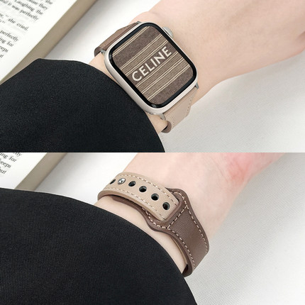 【简约单钉扣】适用applewatc S10柔软真皮钉扣小蛮腰表带iwatch9复古苹果手表S11细表带6/7/8代se皮腕带女