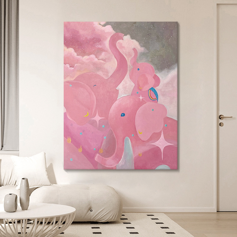 粉色大象亲子手绘油画大芬村客厅装饰画肌理抽象动物象儿童房挂画图片