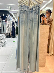 m家高品质牛仔裤高腰显瘦天丝阔腿裤长裤抽绳腰带长裤洗水做旧