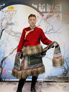 藏族服饰男半裙2024年冬新款锅庄舞蹈演出服镶边藏装黑红色藏袍