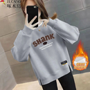 宽松显瘦纯色女士长袖 加绒卫衣女2025时尚 女 新款 啄木鸟假两件冬季