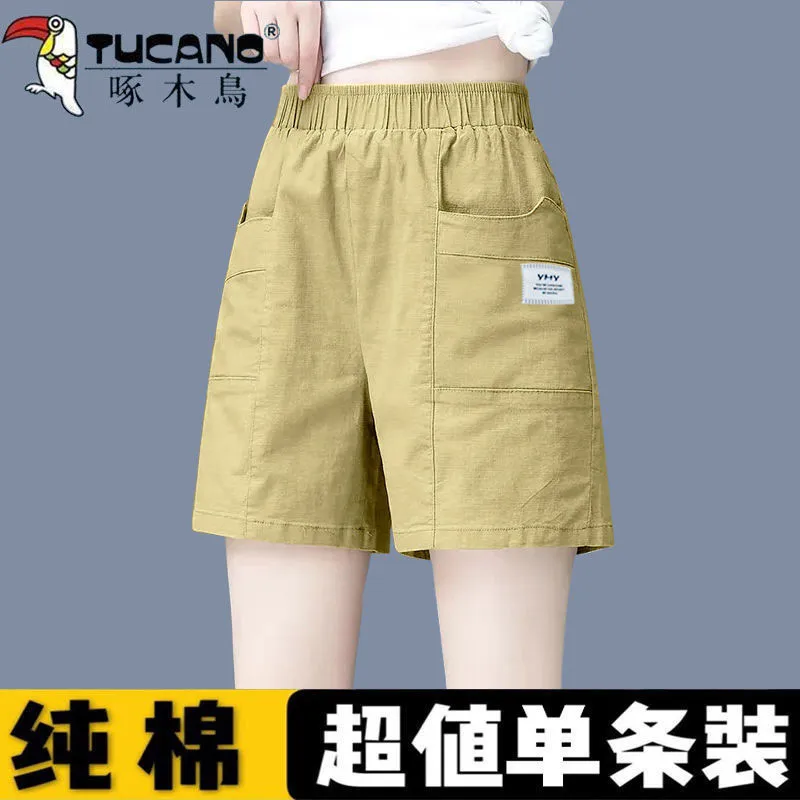 啄木鸟纯棉工装短裤女2025夏季新款韩版阔腿五分裤薄款休闲裤子女