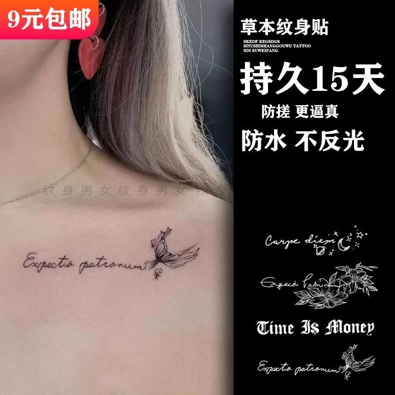 英文字母句子ins风草本植物果汁纹身贴防水女锁骨持久仿真