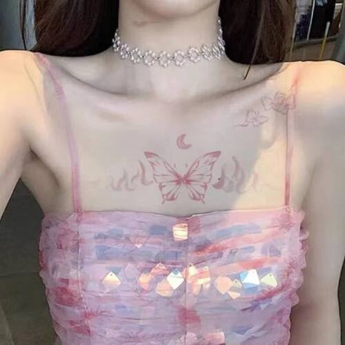 甜酷辣妹粉色火焰蝴蝶纹身贴梦幻小清新仙女可爱锁骨胸前女神性感