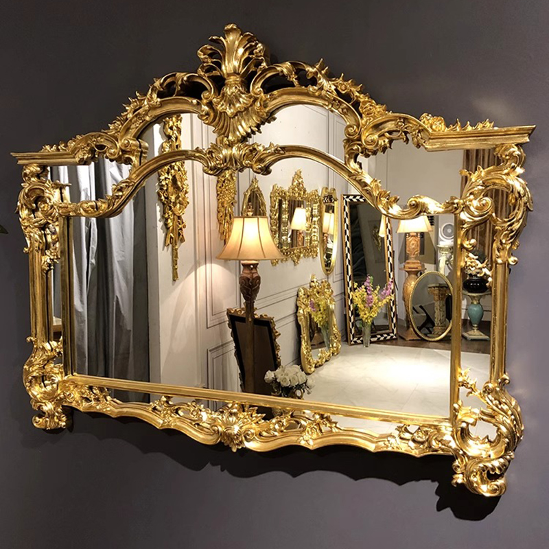 欧式复古浴室镜法式实木雕花高档巴洛克重工玄关壁炉卫生间装饰镜