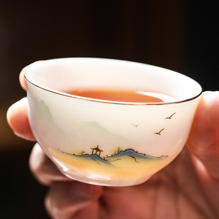功夫家用盖碗小品茗白陶瓷羊脂玉高档轻奢中式 茶杯茶具套装 玻璃泡