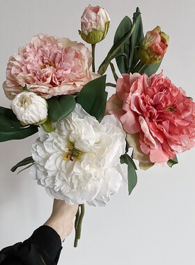 新焦边大束牡丹复古仿真芍药油画风假花客厅家居摆件装饰拍照道具