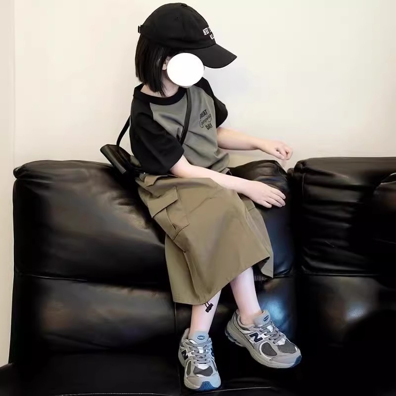 韩系女童夏季拼色T恤+半身工装裙套装中大童森系短袖潮款童装套装