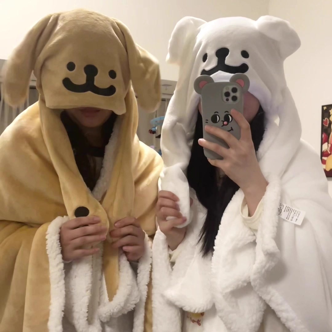 线条小狗卡通可爱保暖柔软毛毯带帽午睡毯沙发毯办公室生日礼物女