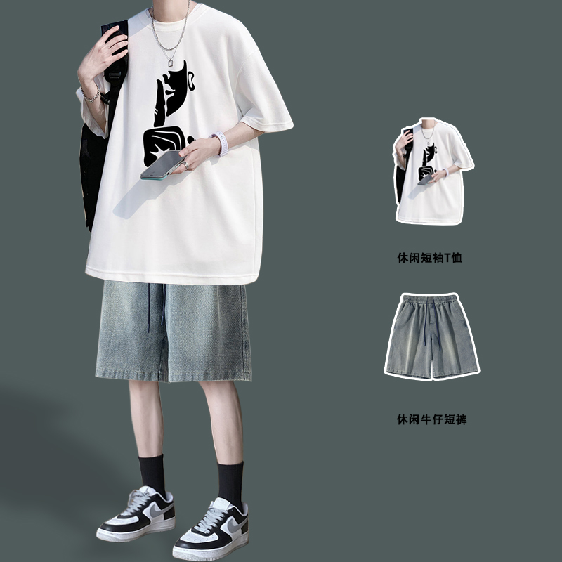创意印花男休闲纯棉短袖t恤青少年男装帅气学生潮流夏季穿搭套装
