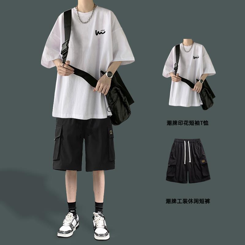 港风短袖T恤男夏季潮牌ins痞帅男装搭配一套学生夏装酷帅穿搭套装