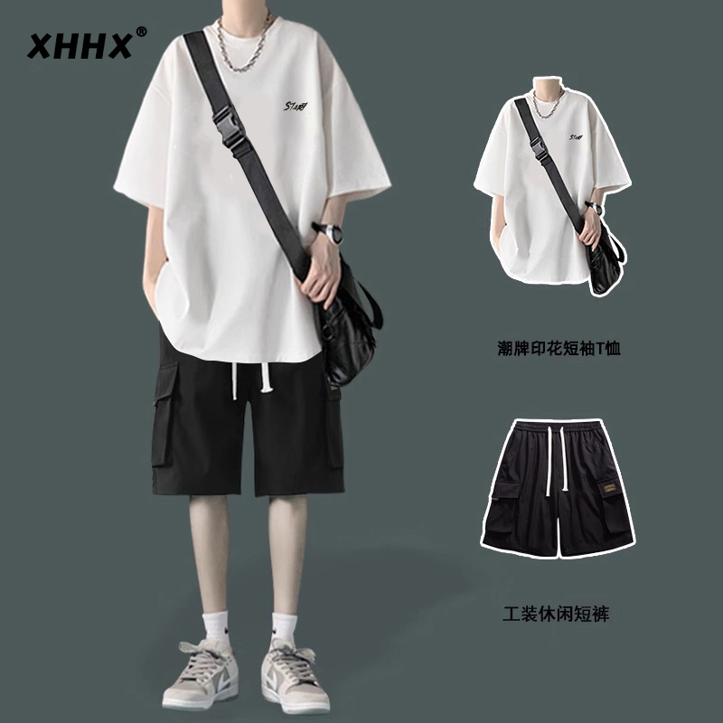 重磅纯棉T恤男款套装夏天青少年休闲两件套潮牌男装宽松黑色短袖