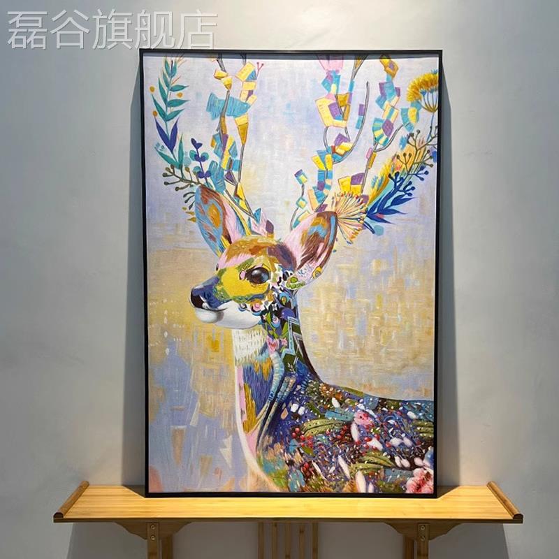 网红手绘约吉祥梅花鹿油竖画玄关走廊挂画入户版简客厅装饰画美式图片