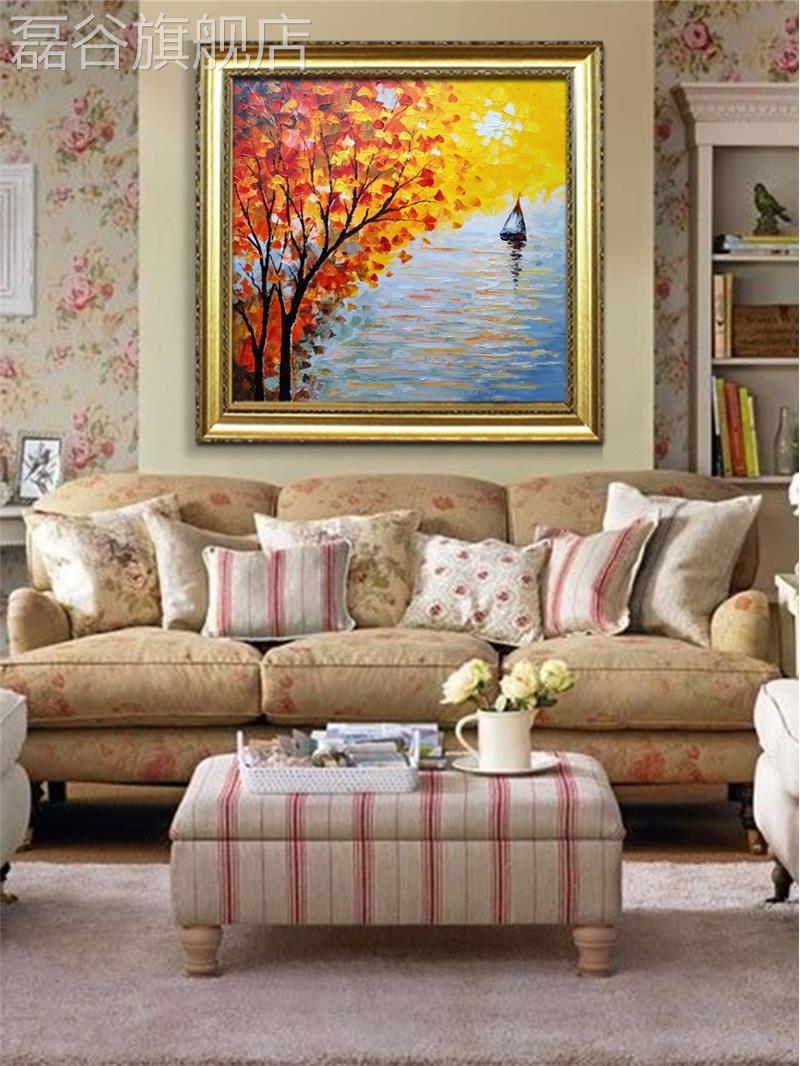 网红帆风景油画日出美式船装饰画欧式客厅玄入户挂关画正方形大手图片