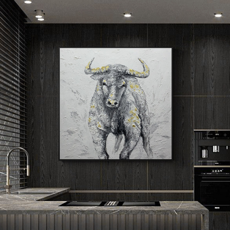 纯手绘油画动物图案牛挂画卧室儿童房壁画玄幻金箔壁画大幅手网红