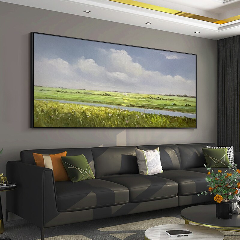 网红纯手绘油画风景系壁画挂画沙发背景墙小清新装饰画田园风