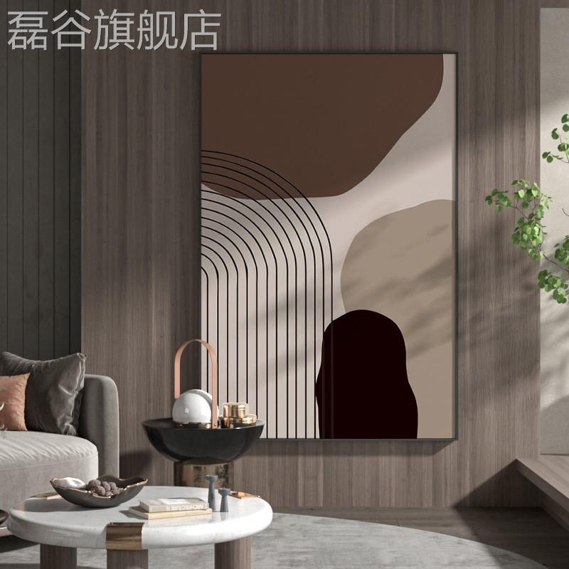 网红轻竖客厅大幅落地版装饰画奢土色条色块现代背景墙壁线玄褐关图片